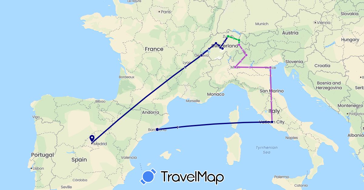 TravelMap itinerary: driving, bus, train in Switzerland, Spain, Italy, Liechtenstein (Europe)